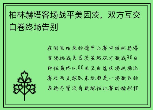 柏林赫塔客场战平美因茨，双方互交白卷终场告别